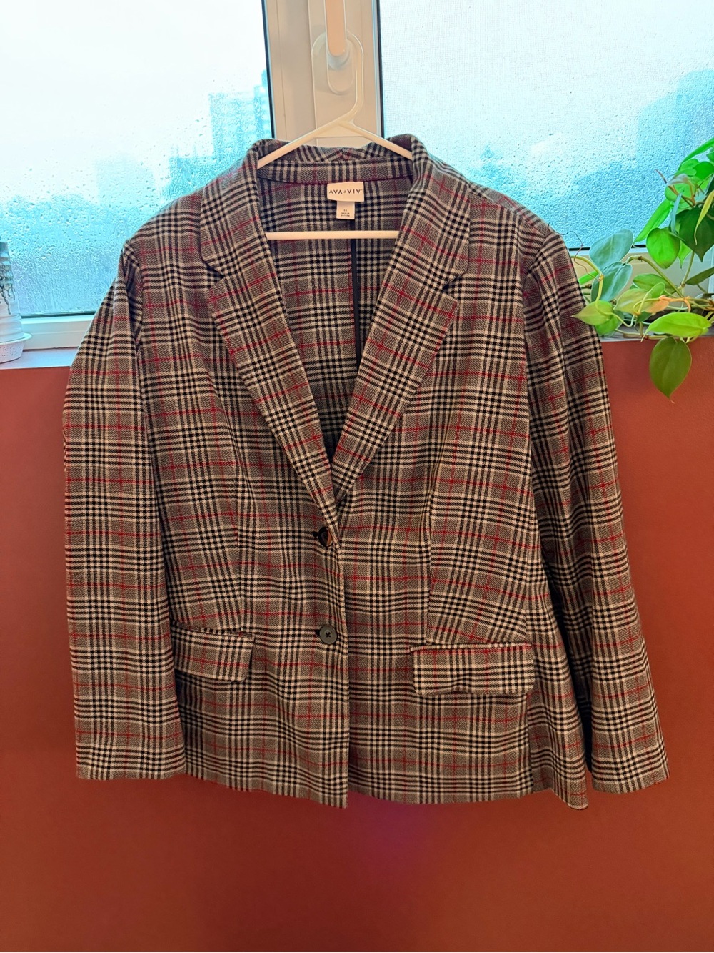 Ava & Viv Gray and Red Plaid Blazer Jacket